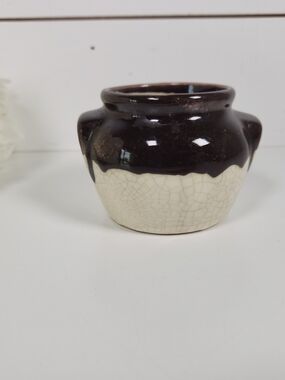 Vintage Mini Stoneware Bean Pot Crock Brown & White Crazed | Rustic Decor